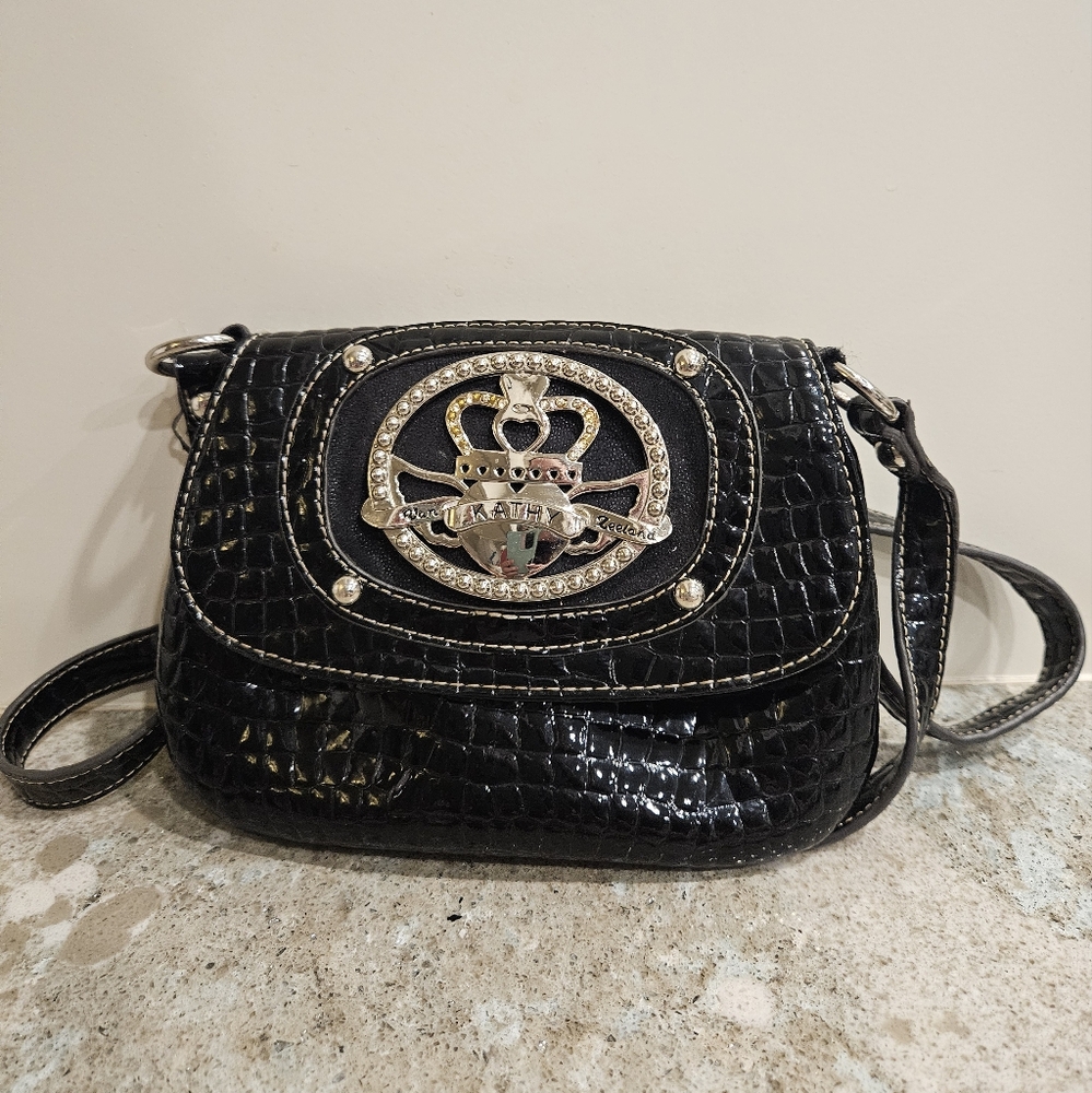 Kathy Van Zeeland Black Small Croc Crossbody / Shoulder Bag Purse w / Wallet